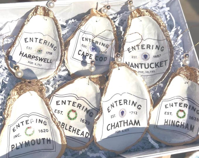 CAPE COD oyster shell Christmas ornament. Cape cod ring dish Cape cod custom town. Cape cod Christmas ornament. Entering MA town ornament