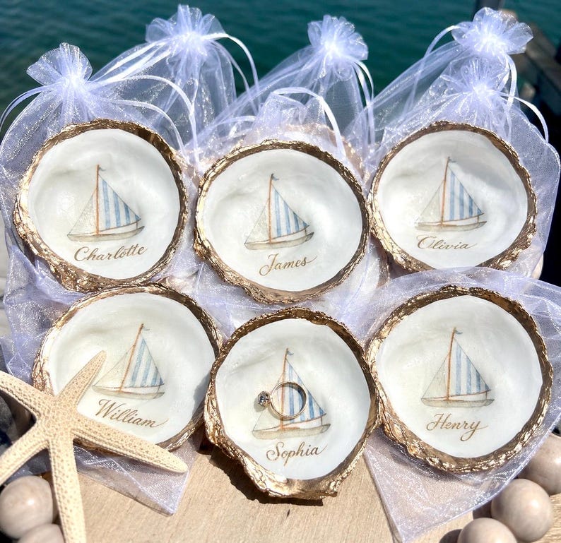 Shell Favour Personalized Nautical Oyster Shell Favor Sailboat Ring Dish Place Card ...
