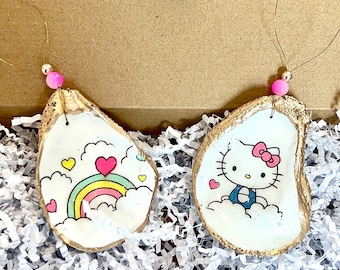 Kitty Ornament charm gift set. Cute Kitty Decoupaged Shell Ornament set. Oyster shell charm kitty style. Girl birthday gift. Kitty favor