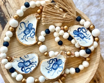 Guirnalda de conchas de pieza central de decoración de fiesta en la playa, mesa de ostras, decoración de arte de conchas, estilo Serena Lily para cena costera en casa náutica