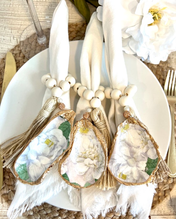 Destination Wedding Decor Idea White Magnolia. Beachy Shell Napkin Holder for Beach Wedding Coastal Engagement Party Tablescape Idea Etsy
