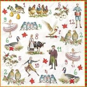 May include: A decorative square napkin featuring illustrations of the twelve days of Christmas. The images include birds, dancers, musicians, and other festive elements, with numbers and red star accents on a white background.