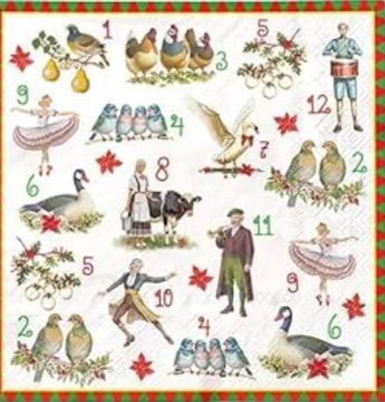 May include: A decorative square napkin featuring illustrations of the twelve days of Christmas. The images include birds, dancers, musicians, and other festive elements, with numbers and red star accents on a white background.