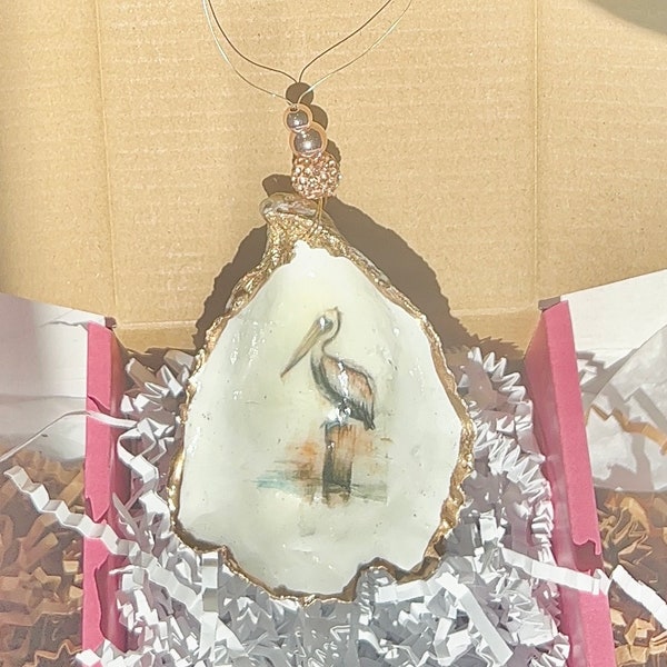 Elegant Pelican Ornament. Pelican Christmas Ornament. Oyster Shell Ornaments. Decoupaged Pelican Ornament. Bird/Beach lover gift.