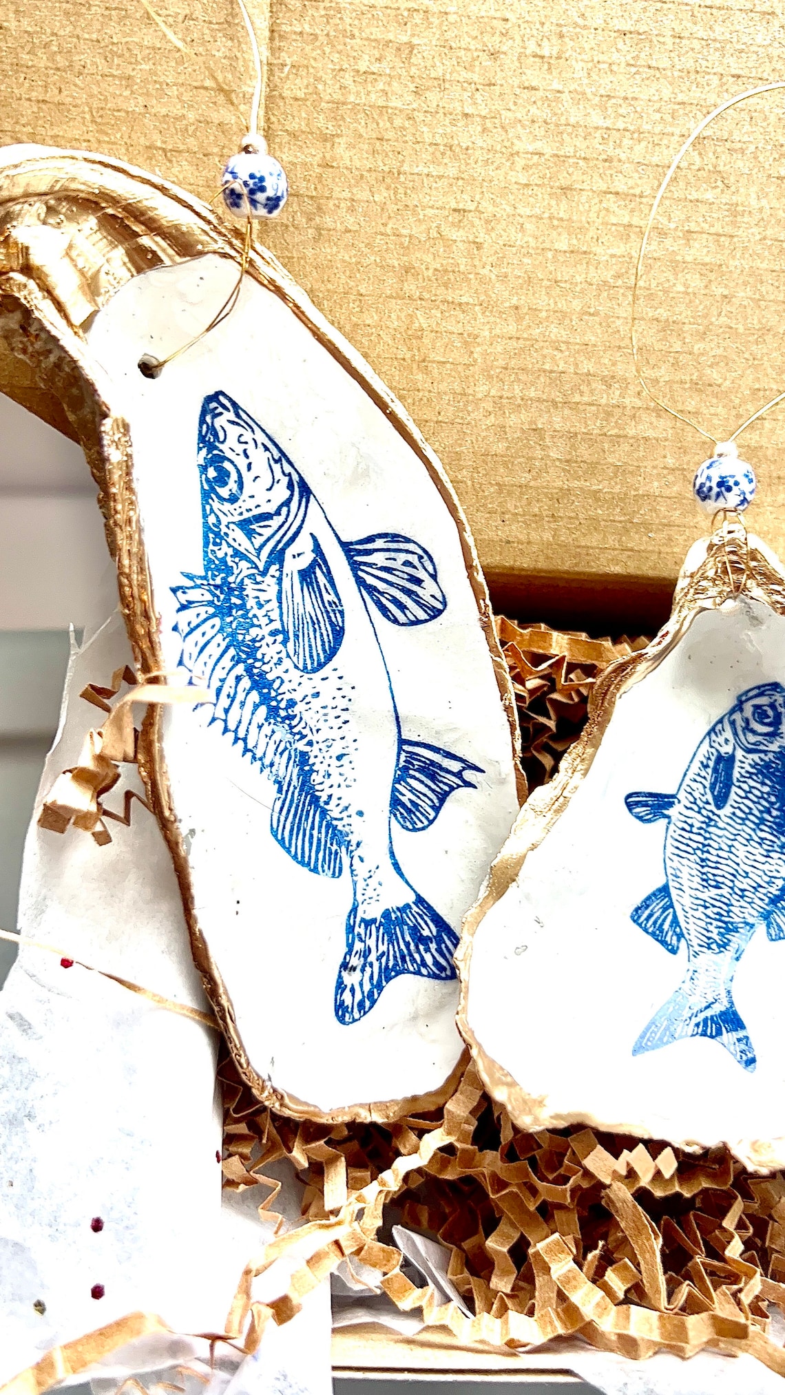 Gallery Detail: Blue And White Fish Shell Ornament Coastal Coquette Fish Ornament