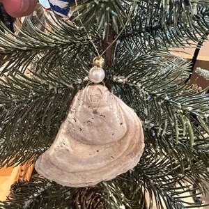 May include: A white, textured, shell-shaped Christmas ornament with a gold and pearl accent hanging on a snowy artificial pine tree.