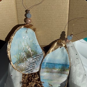 Beach scene ocean lover gift decoupaged oyster shell ornament.  Decoupaged Beach tree shell Ornament for beach lover and coastal home decor