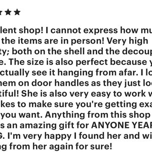May include: Five-star review of an Etsy shop, praising the quality, size, and ease of working with the seller. The review mentions using the items as door handles and suggests they make great gifts.