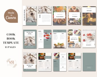 May include: A cookbook template with 14 pages, featuring a minimalist design with sage green and white accents. The pages showcase recipe layouts with images of various dishes, including main courses, entrees, breakfast items, and desserts. The text "Made in Canva" is visible.