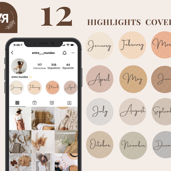 12 Monthly Instagram Highlight Cover | Instagram Covers Stories | Natural colors Icons | Neutral Instagram Stories | Monthly Highlight Cover
