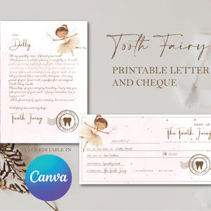 Pode incluir: Um conjunto imprim&iacute;vel de carta e cheque da Fada dos Dentes. A carta apresenta uma ilustra&ccedil;&atilde;o de bailarina e o texto "Querida Dolly". O cheque &eacute; da "Fada dos Dentes" por $10. Totalmente edit&aacute;vel no Canva.