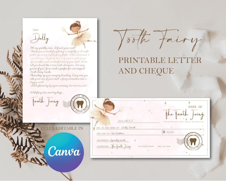 Pode incluir: Um conjunto imprim&iacute;vel de carta e cheque da Fada dos Dentes. A carta apresenta uma ilustra&ccedil;&atilde;o de bailarina e o texto "Querida Dolly". O cheque &eacute; da "Fada dos Dentes" por $10. Totalmente edit&aacute;vel no Canva.