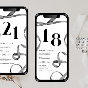 Puede incluir: Dos maquetas de pantalla de tel&eacute;fono en blanco y negro con un dise&ntilde;o de cinta y texto que dice "Est&aacute;s invitado" e incluye el texto "&Uacute;nete a nosotros para celebrar el 21 cumplea&ntilde;os de Olivia" y "&Uacute;nete a nosotros para celebrar el 18 cumplea&ntilde;os de Olivia".
