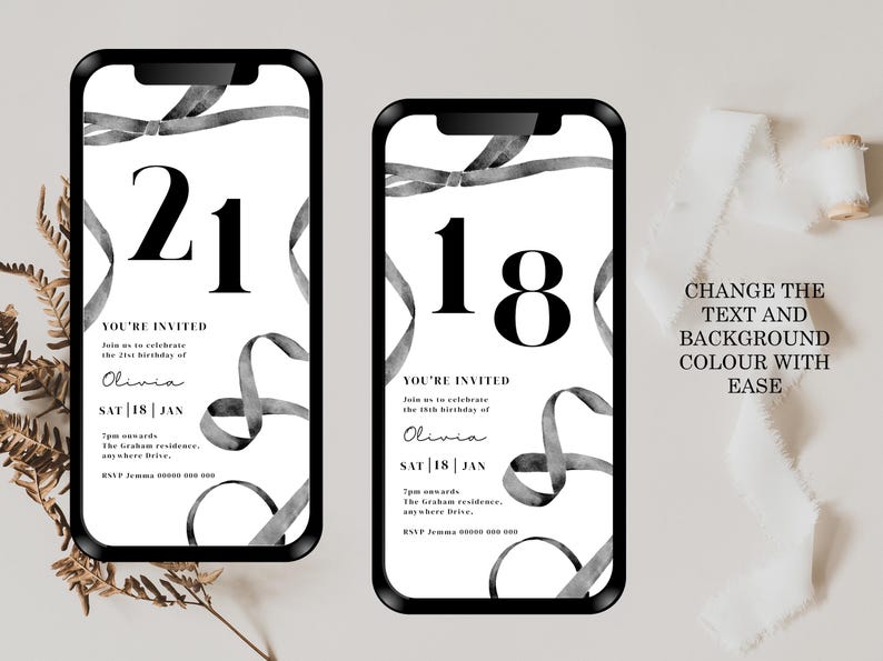 Puede incluir: Dos maquetas de pantalla de tel&eacute;fono en blanco y negro con un dise&ntilde;o de cinta y texto que dice "Est&aacute;s invitado" e incluye el texto "&Uacute;nete a nosotros para celebrar el 21 cumplea&ntilde;os de Olivia" y "&Uacute;nete a nosotros para celebrar el 18 cumplea&ntilde;os de Olivia".