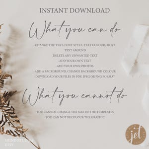 Puede incluir: Un fondo blanco con texto negro que dice "INSTANT DOWNLOAD" y "What you can do" y "What you cannot do". El texto enumera lo que se puede y no se puede editar en una plantilla digital. El texto incluye "Cambiar el texto, el estilo de fuente, el color del texto, mover el texto", "Eliminar cualquier texto no deseado", "Agregar su propio texto", "Agregar sus propias fotos", "Agregar un fondo, cambiar el color de fondo", "Descargar sus archivos en PDF, JPEG o PNG", "No puede cambiar el tama&ntilde;o de las plantillas", y "No puede volver a colorear el gr&aacute;fico".