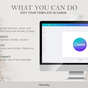 Pu&ograve; includere: Uno schermo di computer che mostra il logo Canva su uno sfondo bianco. Il testo "WHAT YOU CAN DO" e "EDIT YOUR TEMPLATE IN CANVA" &egrave; visualizzato sopra lo schermo. Sotto lo schermo, il testo "FONT", "ELEMENTS", "PHOTOS" e "YOU CANNOT" &egrave; visualizzato con istruzioni su come modificare un modello in Canva.