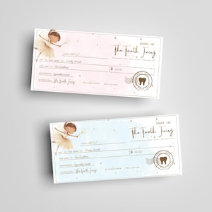 Pode incluir: Dois cheques caprichosos do Banco da Fada dos Dentes, com uma ilustra&ccedil;&atilde;o de fada. Cada cheque &eacute; de 10,00 $, com campos para a data, o benefici&aacute;rio, o valor e a assinatura. Os cheques t&ecirc;m um esquema de cores pastel suave.