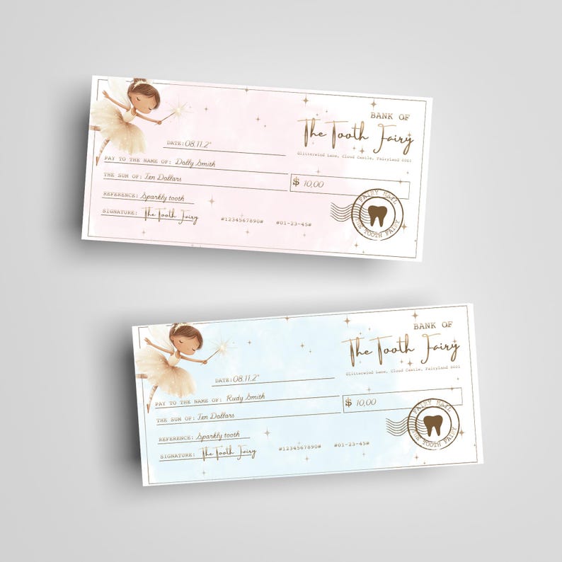 Pode incluir: Dois cheques caprichosos do Banco da Fada dos Dentes, com uma ilustra&ccedil;&atilde;o de fada. Cada cheque &eacute; de 10,00 $, com campos para a data, o benefici&aacute;rio, o valor e a assinatura. Os cheques t&ecirc;m um esquema de cores pastel suave.