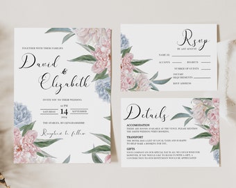 Soft Pink and Blue Wedding invitation template, floral wedding invitation set, matching printable RSVP andDetails template