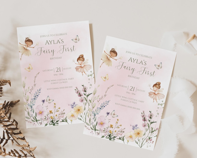Invito modificabile per il primo compleanno di una fata, invito per una festa in giardino incantato, invito per il primo compleanno di una bambina, fata animata e fantasiosa. immagine 11