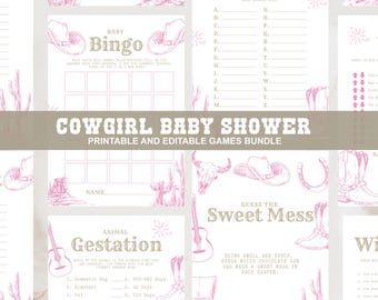 Bewerkbare cowgirl babyshower spelletjes bundel western rodeo meisje babyshower spelletjes een kleine cowgirl wilde westen babyshower roze cowgirl esthetiek