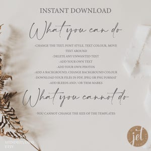 Pode incluir: Um fundo branco com texto cinza que diz "INSTANT DOWNLOAD" e "What you can do" e "What you cannot do". O texto lista o que pode e n&atilde;o pode ser editado em um modelo digital. O texto inclui "Alterar o texto, o estilo da fonte, a cor do texto, mover o texto", "Excluir qualquer texto indesejado", "Adicionar seu pr&oacute;prio texto", "Adicionar suas pr&oacute;prias fotos", "Adicionar um fundo, alterar a cor do fundo", "Baixar seus arquivos em PDF, JPEG ou PNG", "Adicionar sangrias e/ou marcas de corte", e "Voc&ecirc; n&atilde;o pode alterar o tamanho dos modelos".