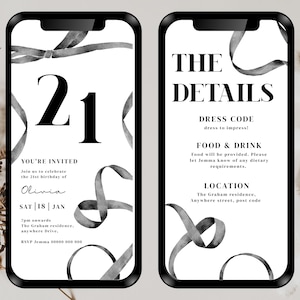 Puede incluir: Una invitaci&oacute;n digital en blanco y negro con un dise&ntilde;o de cinta. La invitaci&oacute;n dice "21" y "Est&aacute;s invitado" con los detalles del evento. La segunda tarjeta dice "Los detalles" con el c&oacute;digo de vestimenta, la informaci&oacute;n sobre comida y bebida, y la ubicaci&oacute;n.