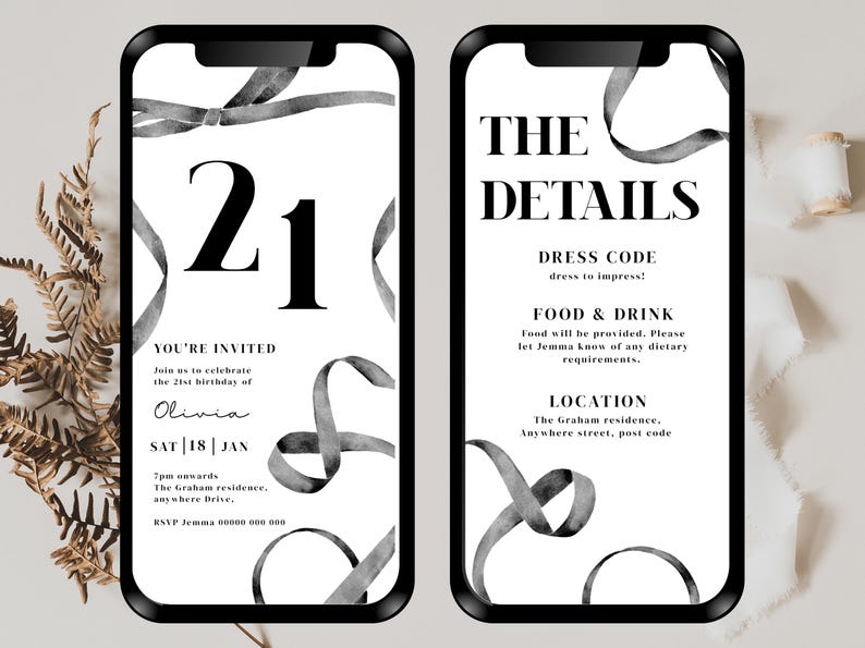 Puede incluir: Una invitaci&oacute;n digital en blanco y negro con un dise&ntilde;o de cinta. La invitaci&oacute;n dice "21" y "Est&aacute;s invitado" con los detalles del evento. La segunda tarjeta dice "Los detalles" con el c&oacute;digo de vestimenta, la informaci&oacute;n sobre comida y bebida, y la ubicaci&oacute;n.