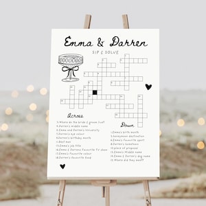 Pu&ograve; includere: Un cruciverba di matrimonio stampabile in bianco e nero con il testo "Emma & Darren Sip & Solve". Il cruciverba &egrave; su uno sfondo bianco con un cuore nero nell'angolo.