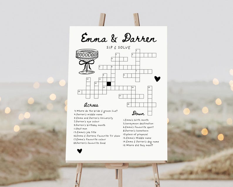Pu&ograve; includere: Un cruciverba di matrimonio stampabile in bianco e nero con il testo "Emma & Darren Sip & Solve". Il cruciverba &egrave; su uno sfondo bianco con un cuore nero nell'angolo.