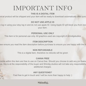 Pode incluir: Uma folha de informa&ccedil;&otilde;es digitais creme com o t&iacute;tulo "IMPORTANT INFO". O texto inclui detalhes sobre downloads digitais, instru&ccedil;&otilde;es de login do Etsy, uso pessoal e uso do Canva. O logotipo da Shindig est&aacute; na parte inferior.