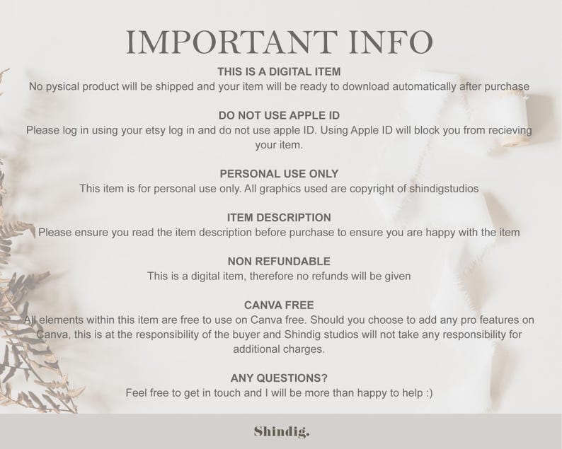 Pode incluir: Uma folha de informa&ccedil;&otilde;es digitais creme com o t&iacute;tulo "IMPORTANT INFO". O texto inclui detalhes sobre downloads digitais, instru&ccedil;&otilde;es de login do Etsy, uso pessoal e uso do Canva. O logotipo da Shindig est&aacute; na parte inferior.