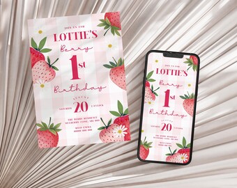Invito per il primo compleanno di Berry, invito per il primo compleanno di ragazze a forma di fragola, invito per il primo compleanno a quadretti rosa, invito digitale modificabile per il primo compleanno di Berry