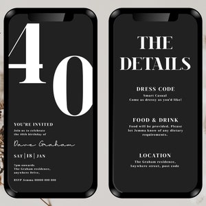 May include: Black and white digital invitation for a 40th birthday party. The invitation features the number 40 in large white font on a black background. The text "You're Invited" is in white font on a black background. The invitation includes the date, time, location, and RSVP information. The text "The Details" is in white font on a black background. The invitation includes the dress code, food and drink information, and location.