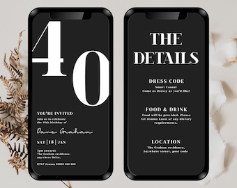 Digital 40th Birthday Invitation, 40th Birthday Invite, 40th evite, Digital 40th Invite, mono birthday invite, 40th invitation, 40th party