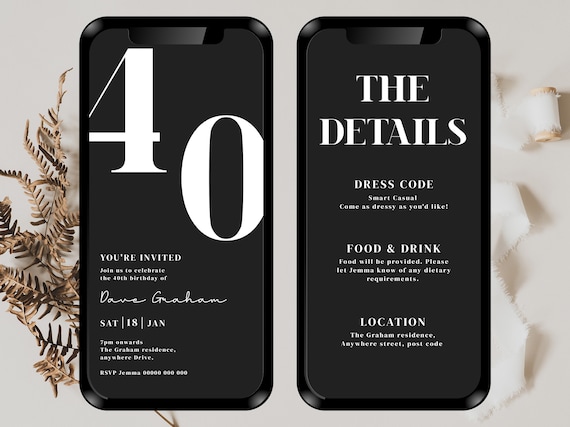 Digital 40th Birthday Invitation, 40th Birthday Invite, 40th evite, Digital 40th Invite, mono birthday invite, 40th invitation, 40th party