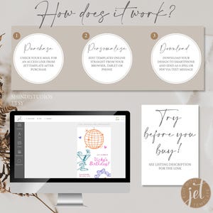 Pode incluir: Um ecr&atilde; de computador a mostrar um modelo de design digital para um convite de anivers&aacute;rio. O modelo apresenta uma bola de discoteca, um copo de cocktail e o texto "Vicky's Birthday!" em rosa e roxo. O ecr&atilde; est&aacute; sobre uma secret&aacute;ria branca com um cartaz que diz "Experimente antes de comprar! Veja a descri&ccedil;&atilde;o do an&uacute;ncio para o link."