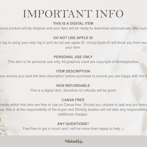 Pu&ograve; includere: Uno sfondo bianco con testo nero che descrive informazioni importanti per un articolo digitale. Il testo include "Questo &egrave; un articolo digitale", "Non utilizzare l'ID Apple", "Solo per uso personale", "Descrizione dell'articolo", "Non rimborsabile", "Canva gratuito", e "Domande?"