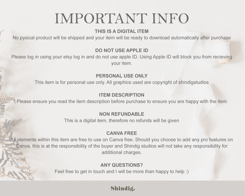 Pu&ograve; includere: Uno sfondo bianco con testo nero che descrive informazioni importanti per un articolo digitale. Il testo include "Questo &egrave; un articolo digitale", "Non utilizzare l'ID Apple", "Solo per uso personale", "Descrizione dell'articolo", "Non rimborsabile", "Canva gratuito", e "Domande?"
