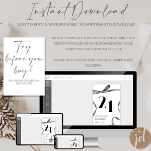 Puede incluir: Una maqueta digital de una invitaci&oacute;n de cumplea&ntilde;os imprimible para un 21 cumplea&ntilde;os con un dise&ntilde;o de cinta en blanco y negro. El texto de la invitaci&oacute;n dice "You're invited to celebrate" y "Cheers". La invitaci&oacute;n se muestra en la pantalla de una computadora.
