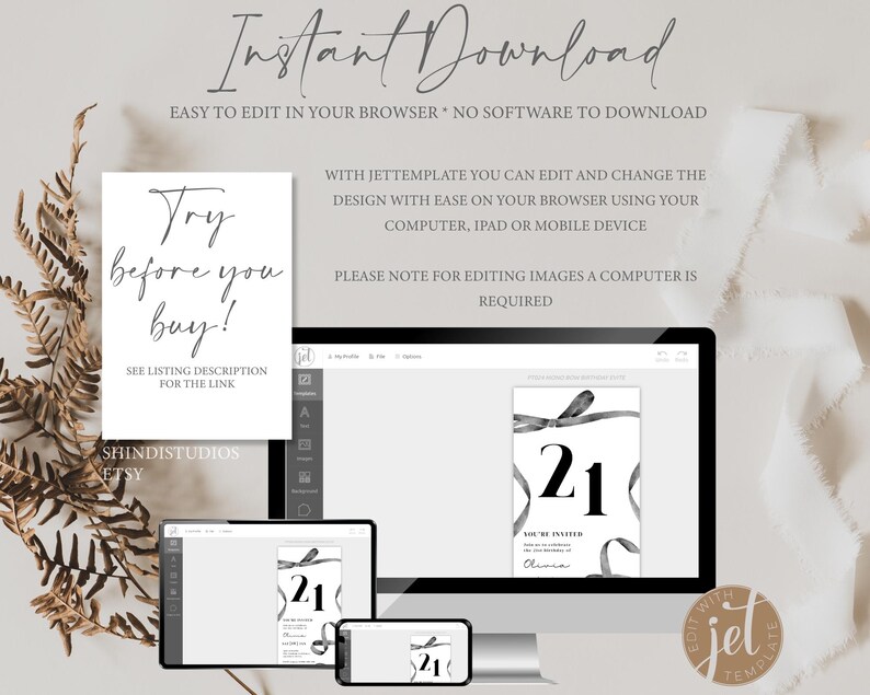Puede incluir: Una maqueta digital de una invitaci&oacute;n de cumplea&ntilde;os imprimible para un 21 cumplea&ntilde;os con un dise&ntilde;o de cinta en blanco y negro. El texto de la invitaci&oacute;n dice "You're invited to celebrate" y "Cheers". La invitaci&oacute;n se muestra en la pantalla de una computadora.