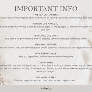 Pu&ograve; includere: Un grafico informativo digitale su sfondo chiaro con testo grigio scuro. Il testo recita: IMPORTANT INFO, THIS IS A DIGITAL ITEM, DO NOT USE APPLE ID, PERSONAL USE ONLY, ITEM DESCRIPTION, NON REFUNDABLE, CANVA FREE, ANY QUESTIONS?, Shindig.