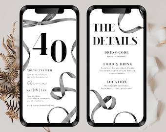 any age 40th birthday invitation bows, black bows invitation, Editable  Birthday Invitation Template, 40th birthday Invitation digital