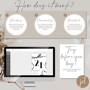 Puede incluir: Una pantalla de ordenador que muestra una plantilla digital para una invitaci&oacute;n de cumplea&ntilde;os n&uacute;mero 21 con un dise&ntilde;o de cinta negra. El texto "You're Invited" es visible en la plantilla. La pantalla est&aacute; junto a un cartel que dice "&iexcl;Prueba antes de comprar!" con instrucciones para ver la descripci&oacute;n del listado para un enlace.