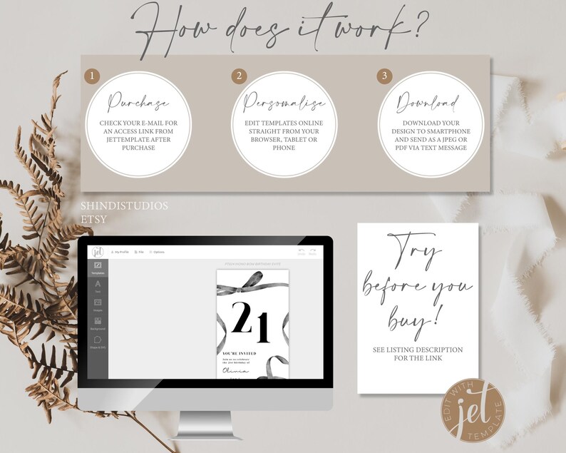 Puede incluir: Una pantalla de ordenador que muestra una plantilla digital para una invitaci&oacute;n de cumplea&ntilde;os n&uacute;mero 21 con un dise&ntilde;o de cinta negra. El texto "You're Invited" es visible en la plantilla. La pantalla est&aacute; junto a un cartel que dice "&iexcl;Prueba antes de comprar!" con instrucciones para ver la descripci&oacute;n del listado para un enlace.