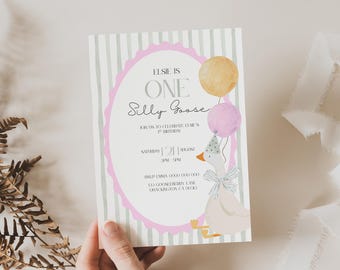 Convite de aniversário editável com tema de ganso bobo para menina, convite de aniversário de 1 ano para imprimir, convite rosa.