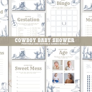 Pacchetto di giochi modificabili per baby shower da cowboy, un po' di attività per baby shower da cowboy, il primo rodeo per baby shower del selvaggio West, gioco western country