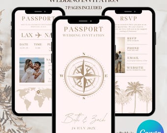 Passport wedding invitation travel theme destination wedding  boarding pass invite set boarding pass save the date card Canva template rsvp