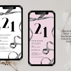 Puede incluir: Una invitaci&oacute;n digital para una fiesta de cumplea&ntilde;os n&uacute;mero 21 con un dise&ntilde;o de cinta en blanco y negro. El texto dice "Est&aacute;s invitado" e incluye el nombre "Olivia" y la fecha "S&aacute;b 18 | Ene".