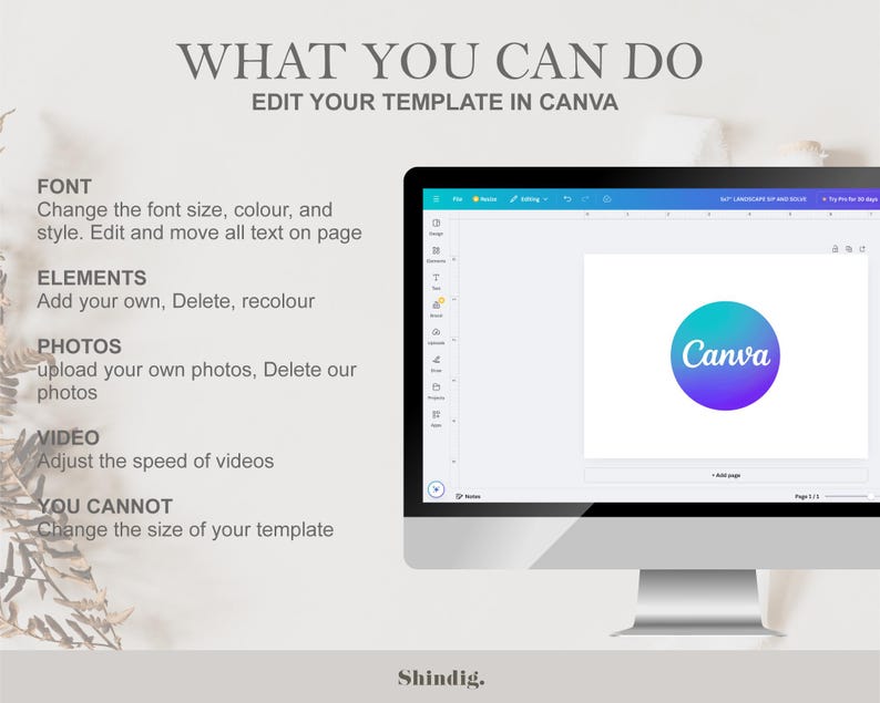 Pode incluir: Um monitor de computador exibe o logotipo da Canva em um fundo branco. O texto na tela e ao redor do monitor explica como editar um modelo no Canva, incluindo ajustes de fonte, elementos, fotos e v&iacute;deo. O texto tamb&eacute;m indica o que n&atilde;o pode ser alterado.